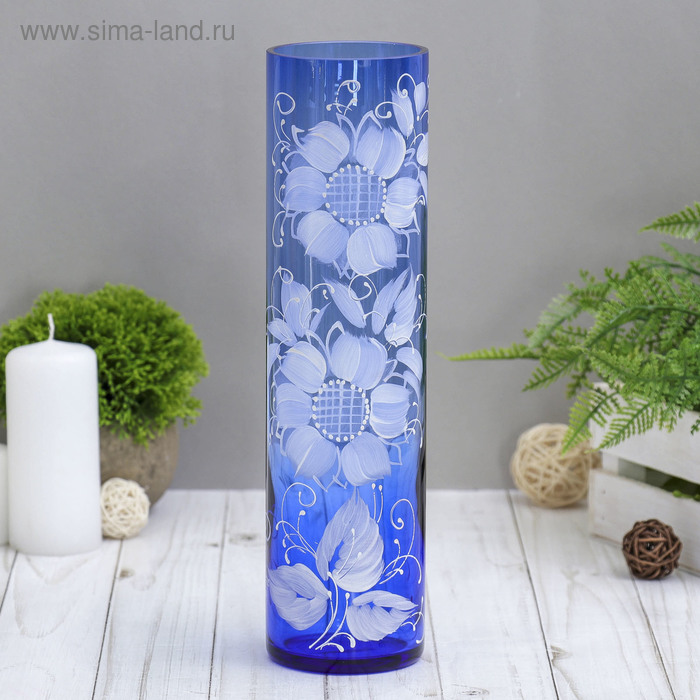 ваза Цилиндр d 80*h 300 мм. из синего стекла (ручная роспись) рис. № 6 (Бел.)
