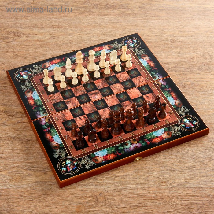 Настольная игра 3 в 1 Цветы: шахматы, шашки, нарды (доска дерево 50х50 см)