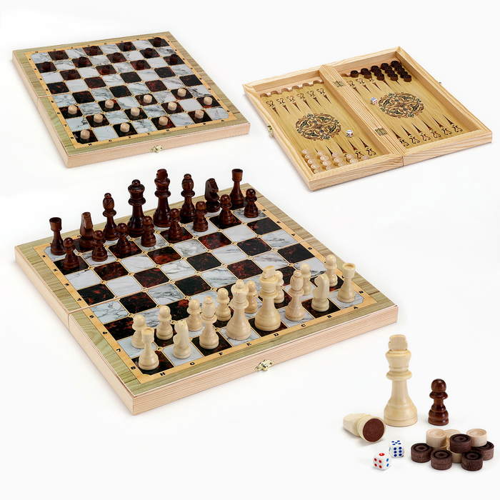 Настольная игра 3 в 1 Мрамор: шахматы, шашки, нарды (доска дерево 40х40 см)