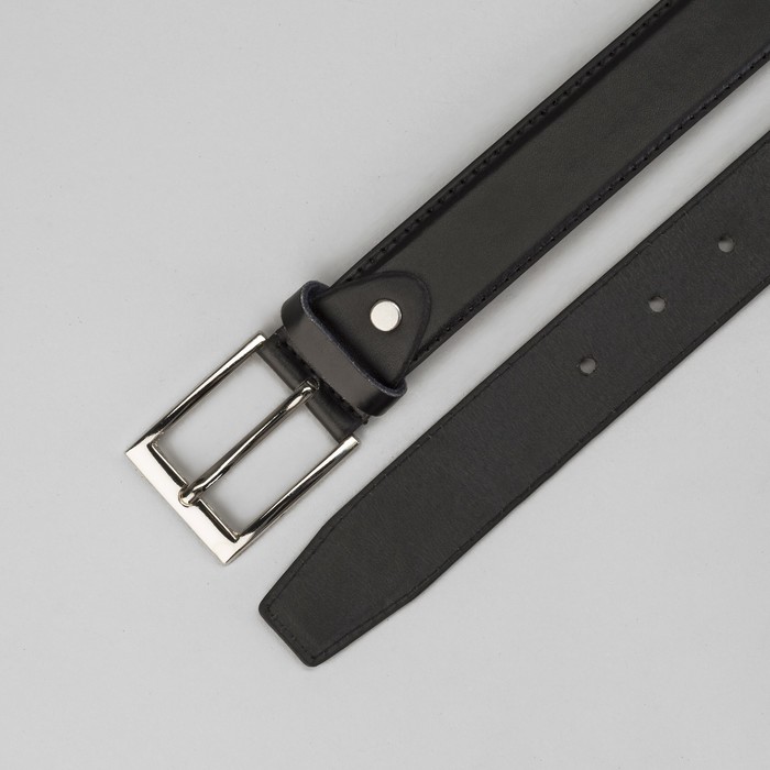 Ремень мужской, винт, гладкий, пряжка под серебро, ширина - 3,5см, чёрный