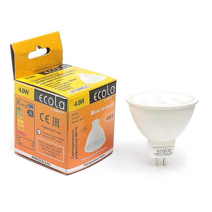 Лампа светодиодная Ecola, GU5.3, 4 Вт, M2, 2800 K, 46x50 мм, прозрачное стекло