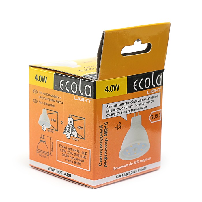 Лампа светодиодная Ecola, GU5.3, 4 Вт, M2, 2800 K, 46x50 мм, прозрачное стекло