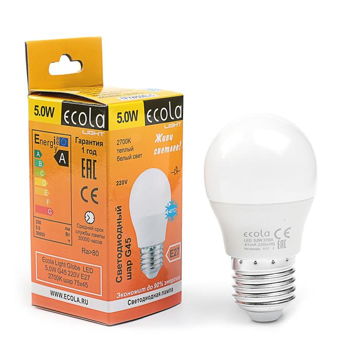 Лампа светодиодная Ecola, E27, 5 Вт, 2700 К, 75x45 мм