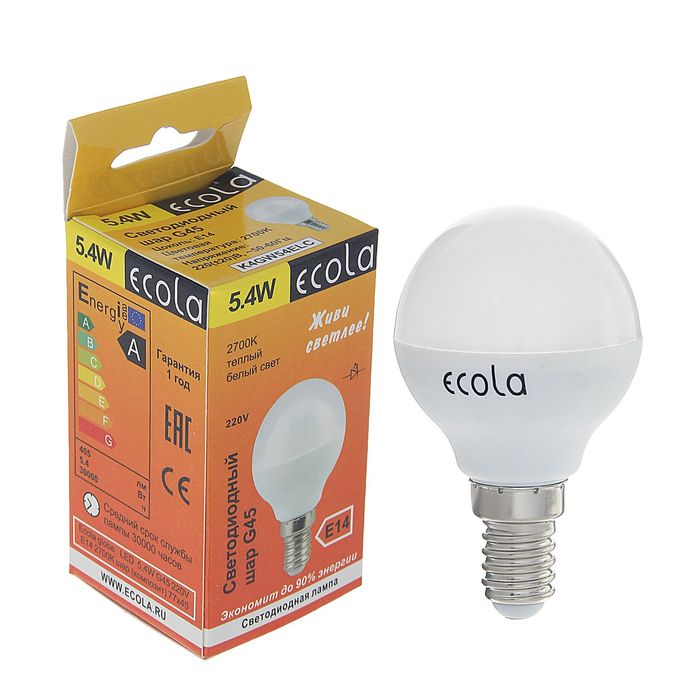 Лампа светодиодная Ecola, E14, 5.4 Вт, 2700 К, 77x45 мм, "шар"
