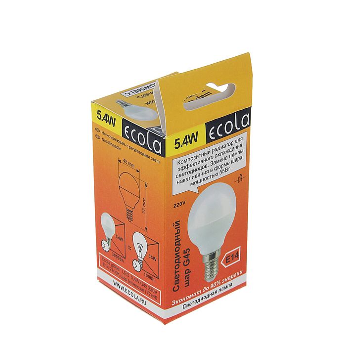 Лампа светодиодная Ecola, E14, 5.4 Вт, 2700 К, 77x45 мм, "шар"
