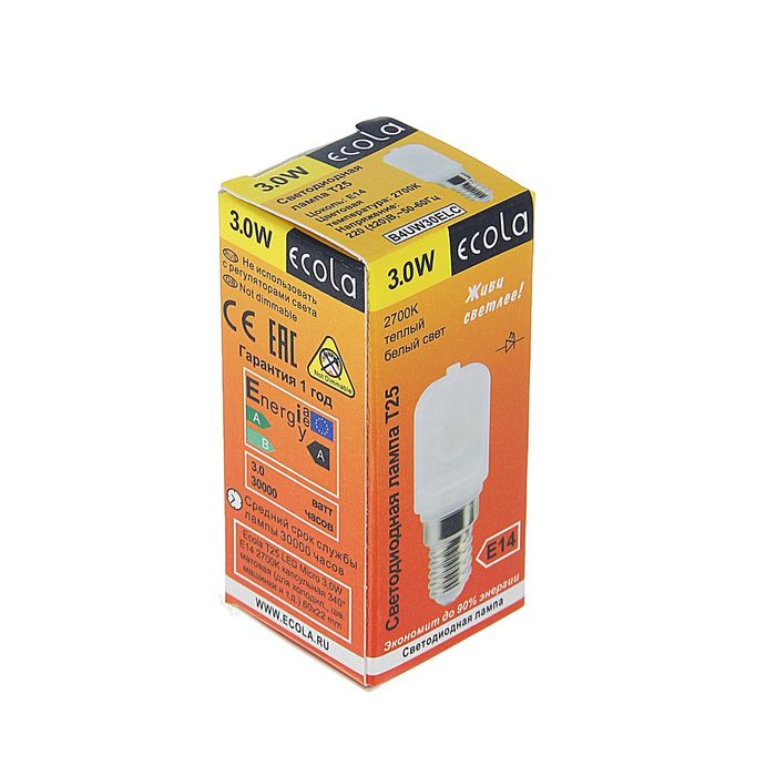 Лампа светодиодная Ecola, T25, 3 Вт, E14, 2700 К, 340°, для холодильников и швейных машин