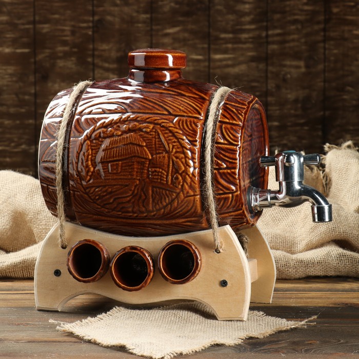 Бочка для вина с рюмками "В поле" 7 предметов, глазурь, 4 л