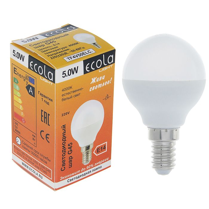 Лампа светодиодная Ecola, Е14, 5 Вт, 4000 K, 77x45 мм, "шар"
