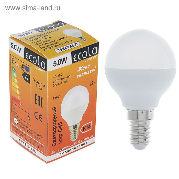 фото Лампа светодиодная ecola, g45, 5 вт, е14, 4000 k, 77x45 мм, дневной белый