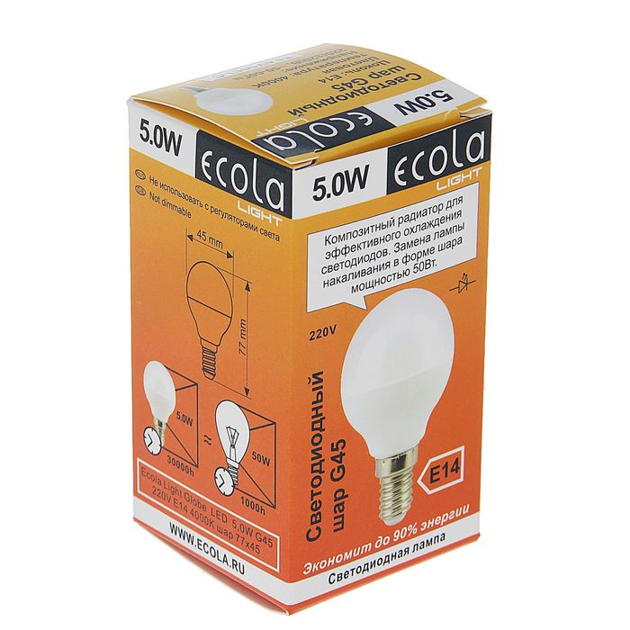 Лампа светодиодная Ecola, Е14, 5 Вт, 4000 K, 77x45 мм, "шар"