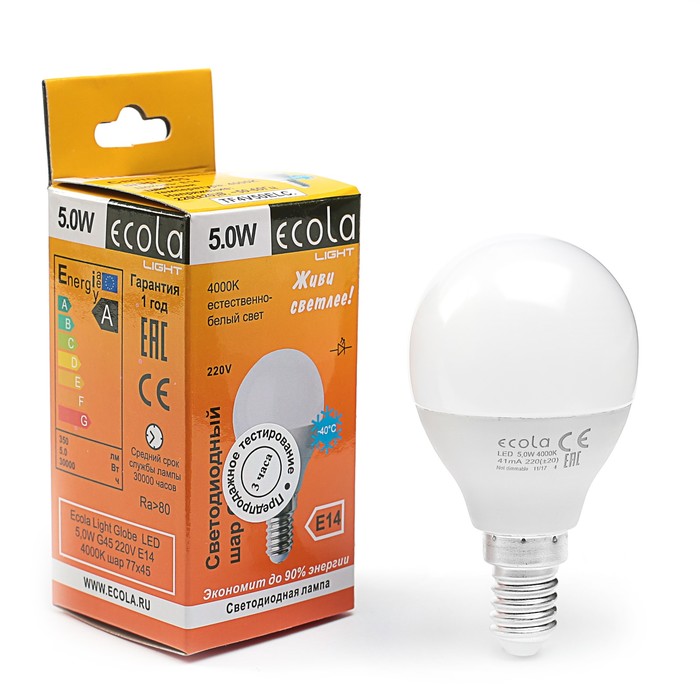 Лампа светодиодная Ecola, Е14, 5 Вт, 4000 K, 77x45 мм, "шар"