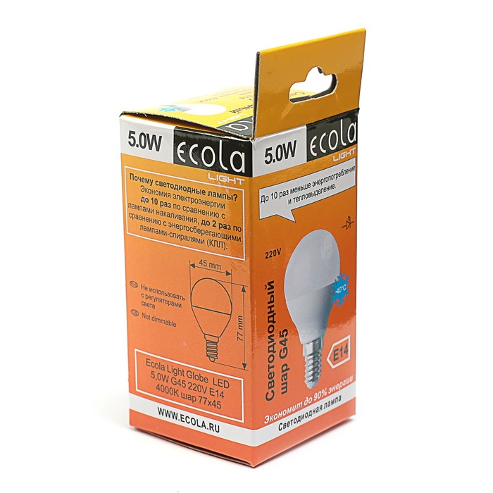 Лампа светодиодная Ecola, Е14, 5 Вт, 4000 K, 77x45 мм, "шар"