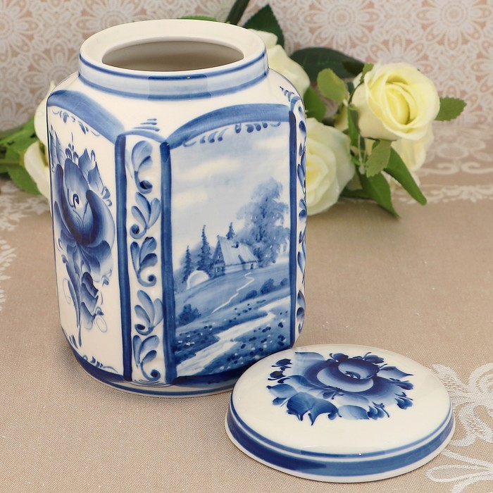 Банка квадратная «Цветочек», гжель, кобальт