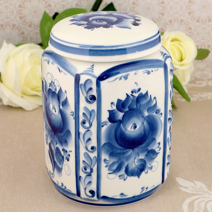 Банка квадратная «Цветочек», гжель, кобальт