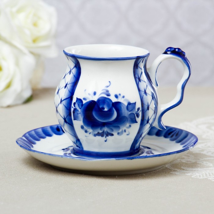 Чайная пара «Голубая рапсодия», гжель, кобальт