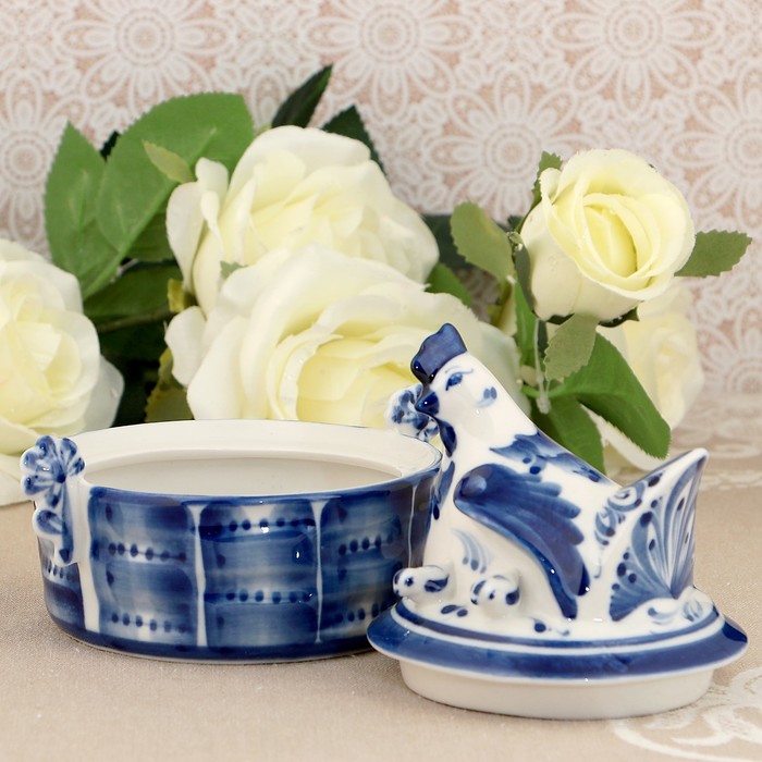 Солонка с крышкой «Курочка», гжель, фарфор