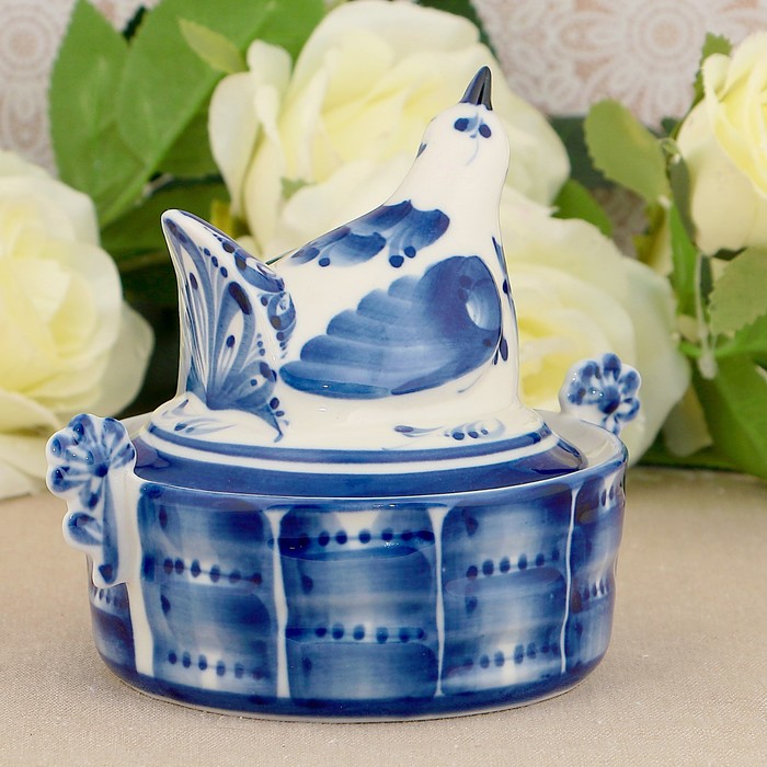 Солонка с крышкой «Курочка», гжель, фарфор