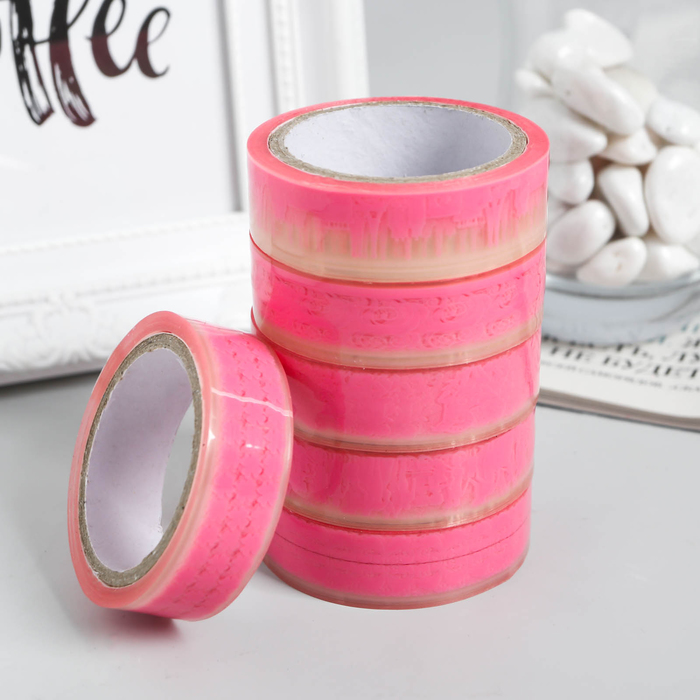 Клейкая лента декоративная "Кружевной орнамент", розовый, 1,5 см, намотка 10 м, МИКС