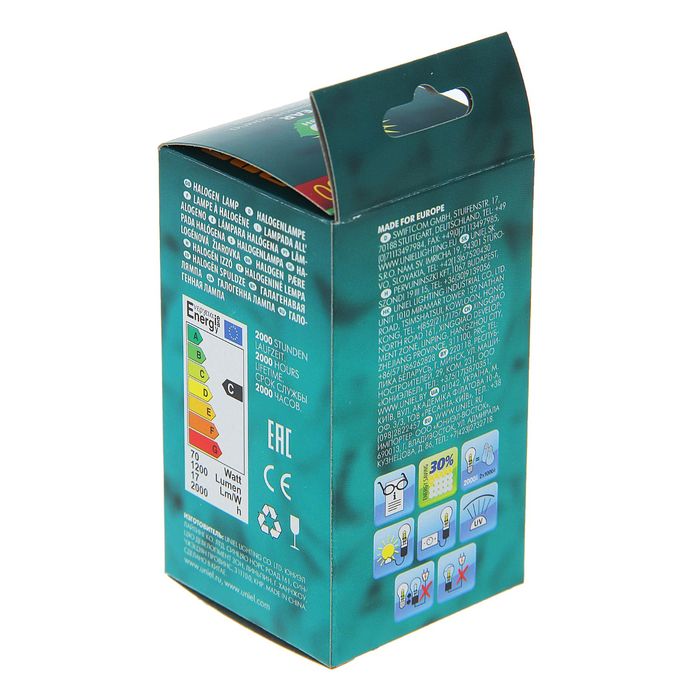 Лампа галогенная Uniel, Е27, 70 Вт, 230 В, стандарт, прозрачная