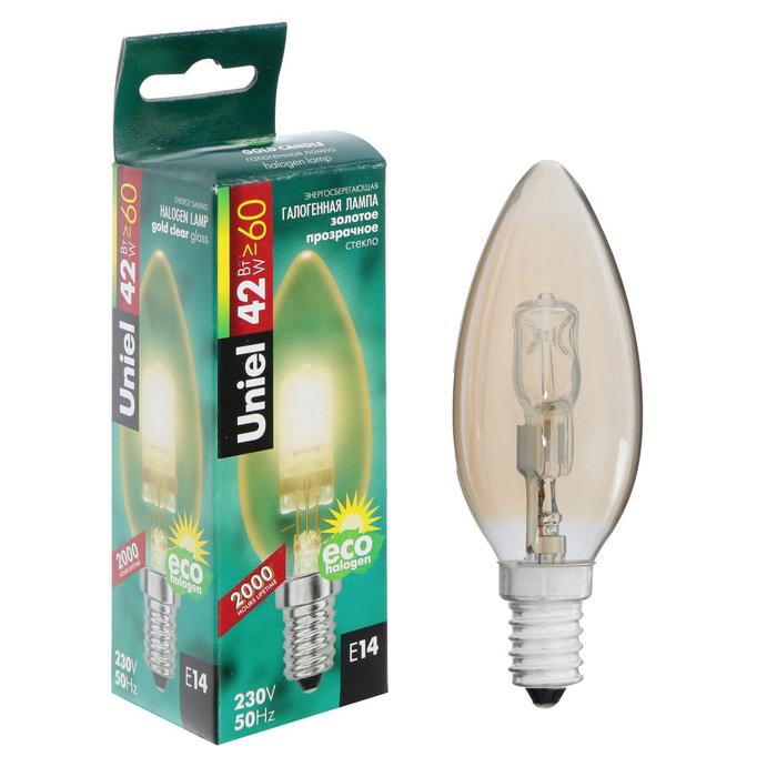 Лампа галогенная Uniel, Е14, 42 Вт, 230 В, "свеча", прозрачная золотая
