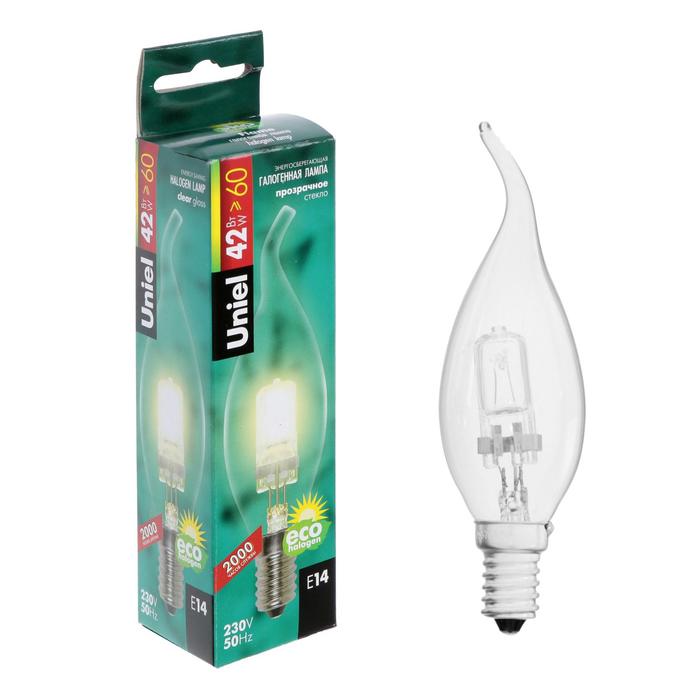 Лампа галогенная Uniel, Е14, 42 Вт, 230 В, "свеча на ветру", прозрачная золотая