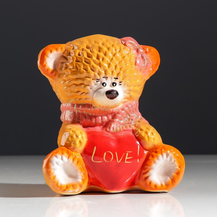 Копилка "Мишка с сердцем" малая, глянец, бежевая