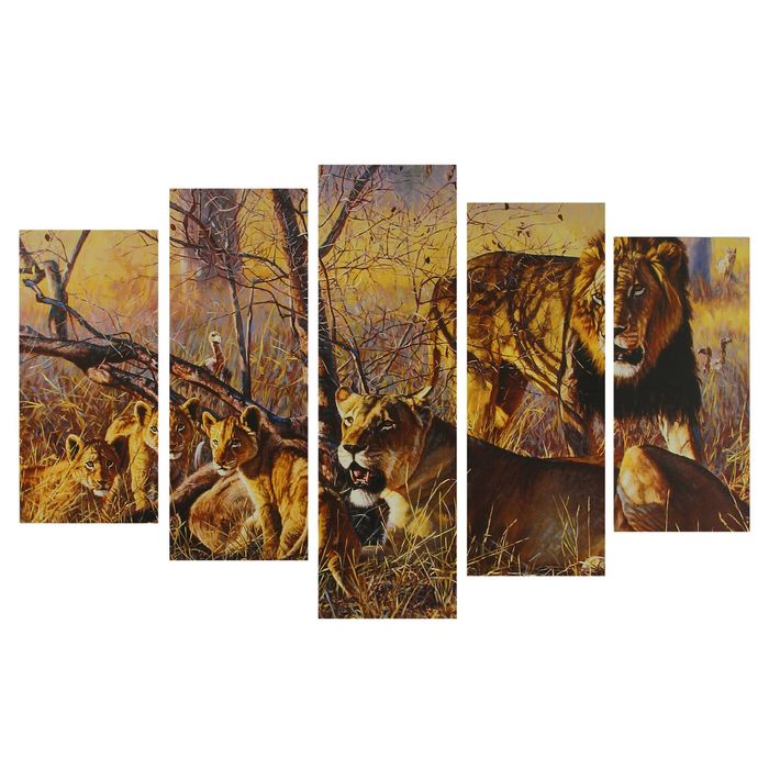 Модульная картина на подрамнике "Львиный прайд", 2 — 25×52 см, 2 — 25×66,5 см, 1 — 25×80 см, 80×140 см