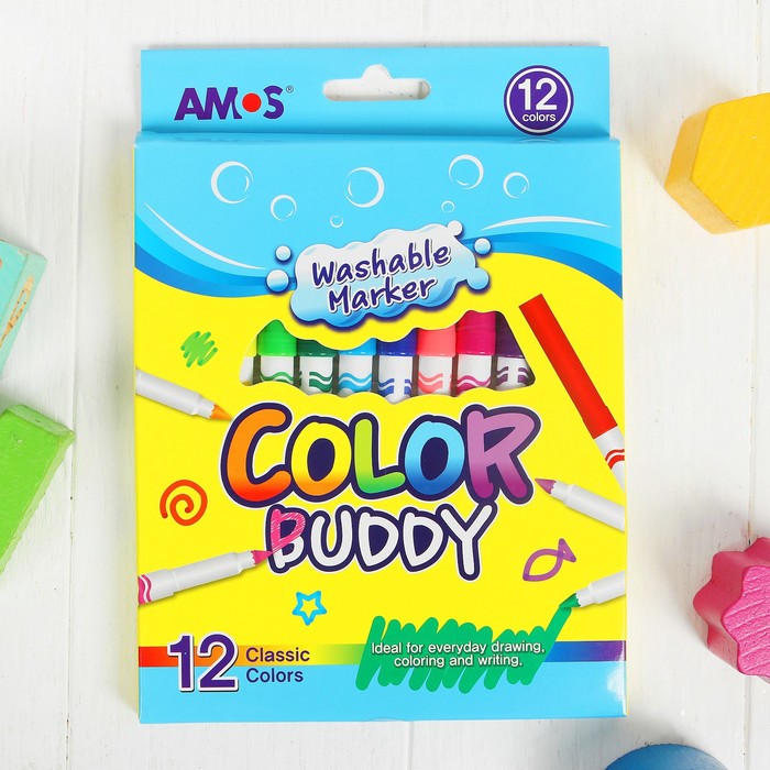 Маркеры смывающиеся водой "Малыш", 12 цветов