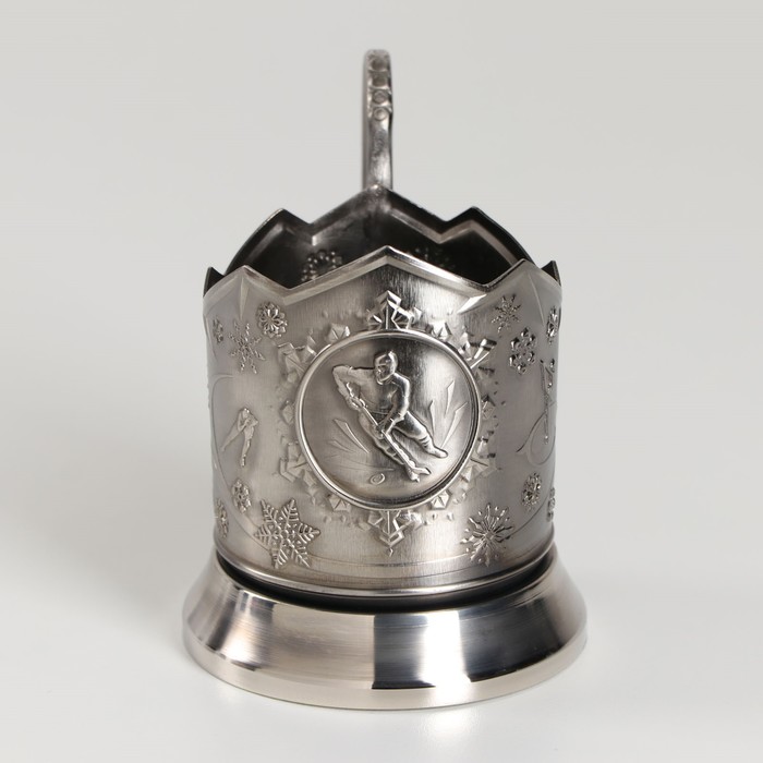 Подстаканник никелированный с чернью "Зимние виды спорта. Хоккей", никелированный, с чернением