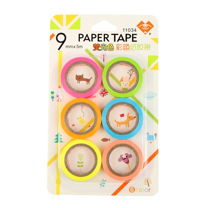 Клейкая лента декоративная "Яркие акценты" (набор 6 шт.), ширина 9 мм, длина 5 м