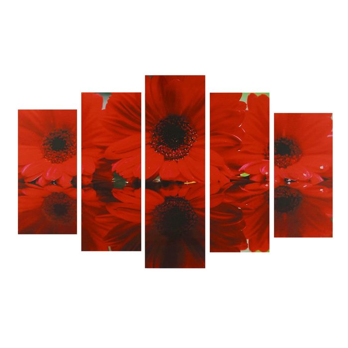Модульная картина на подрамнике "Красные герберы в отражении", 2 — 25×52, 2 — 25×66,5, 1 — 25×80, 80×140 см