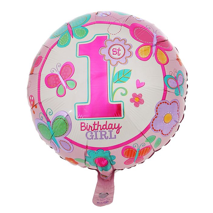 Шар фольгированный 18" "1-й день рождения", девочка, круг