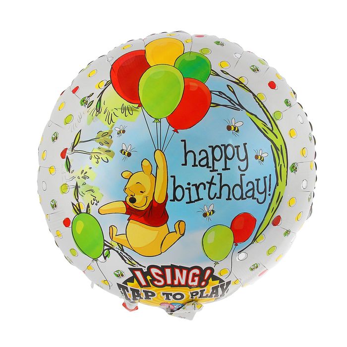 Шар фольгированный 28" Happy Birthday "Винни Пух с шарами", круг, музыкальный