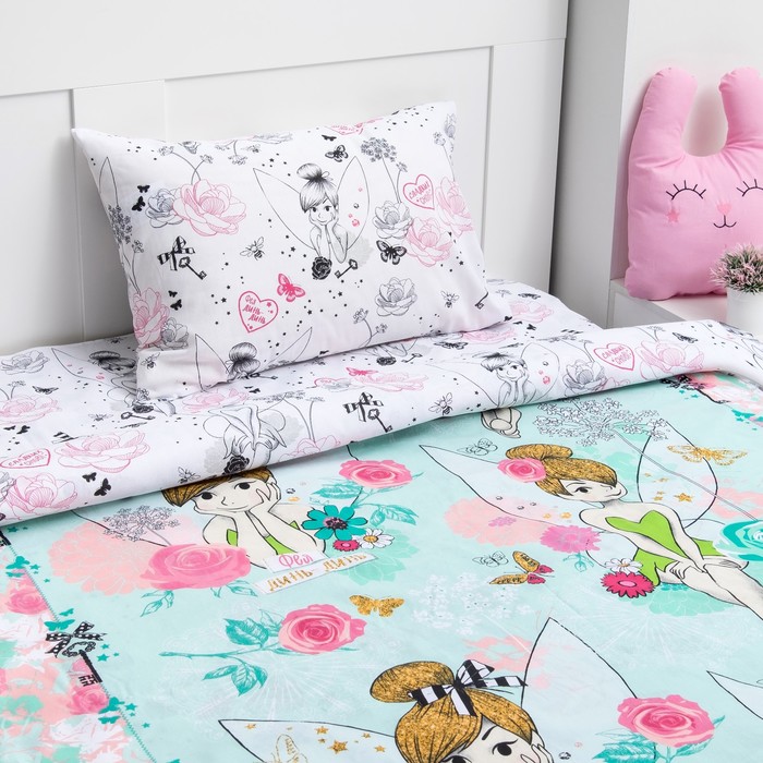 Постельное бельё 1,5 сп "Феи: Динь-Динь", размер 143х215 см, 150х214 см, 50х70 см-1 шт., 100% хлопок, бязь