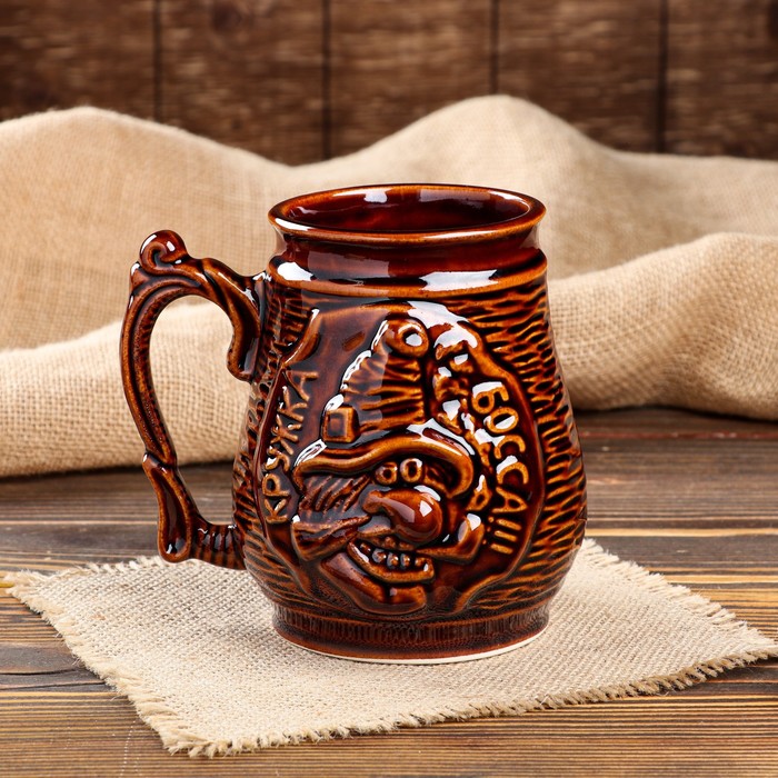 фото Бокал для пива "кружка босса", коричневый, керамика, 1 л керамика ручной работы