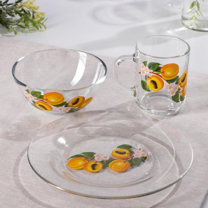 фото Набор для завтрака gidglass «абрикосовая ветка», 3 предмета: тарелка 20 см, салатник 13 см, кружка 250 мл