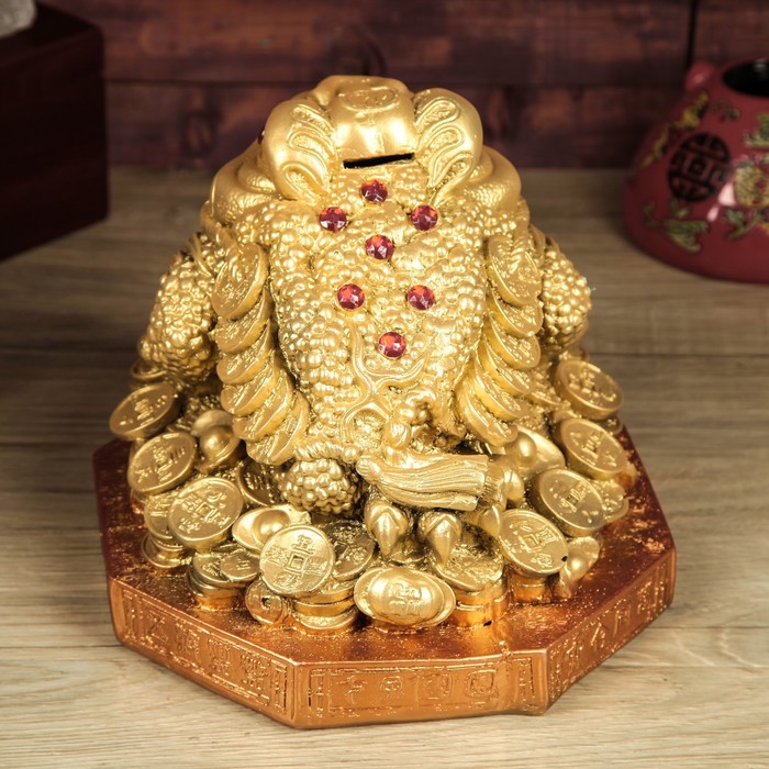 Копилка "Денежная жаба" большая, золото, стразы, подставка