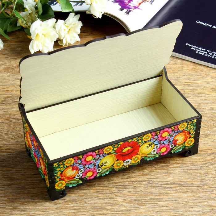 Шкатулка - купюрница «Цветы», петриковка, чёрный фон, 17х9х5,8 см