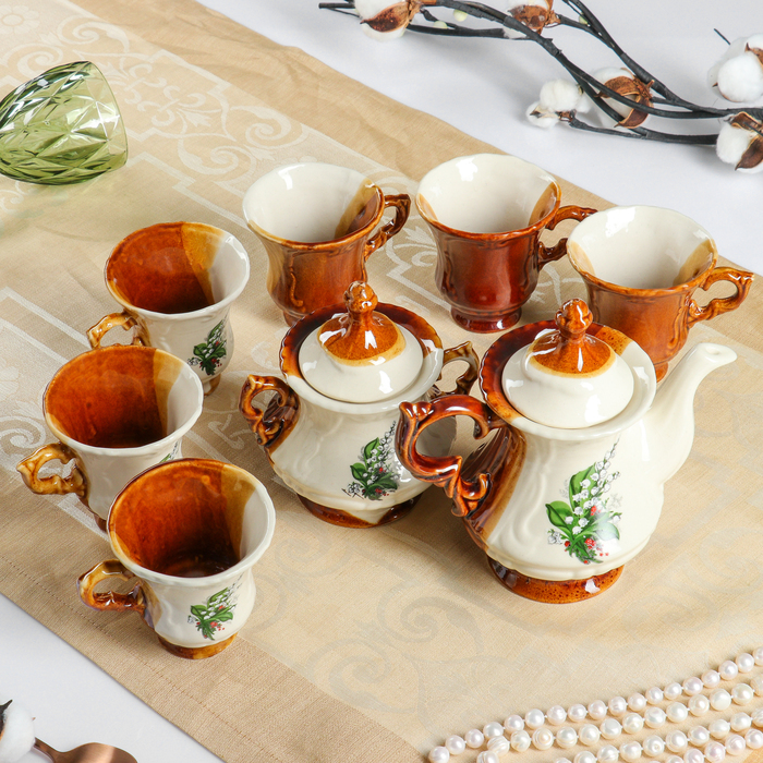 Чайный набор "Блиц" коричневый, ландыш, 6 предметов, 0,6 л/ 0,25 л