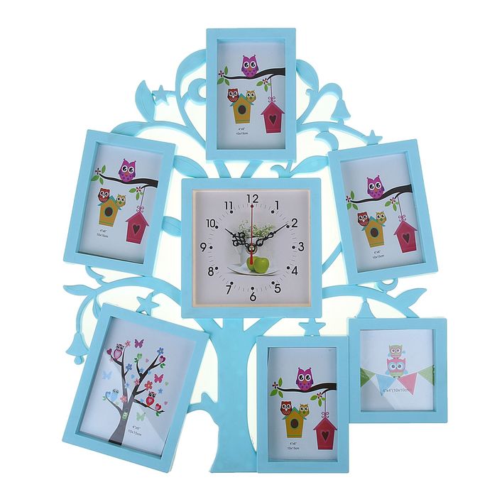 Часы настенные "Древо", голубые, циферблат микс + 6 фоторамок: 10 × 15 см (5 шт.) и 10 × 10 см
