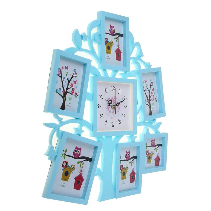 Часы настенные "Древо", голубые, циферблат микс + 6 фоторамок: 10 × 15 см (5 шт.) и 10 × 10 см