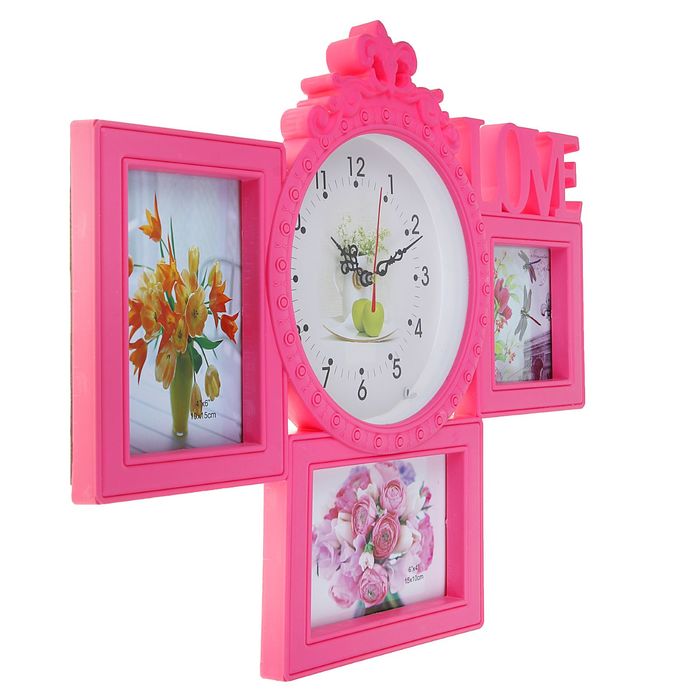 Часы настенные Love, розовые, циферблат микс + 3 фоторамки: 10 × 15 см (2 шт.) и 10 × 10 см