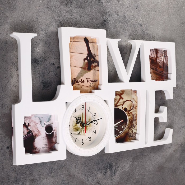 Часы настенные хайтек+4 фоторамки Love белые,цифер микс (фото10х10-2шт,10х15-2шт)32*52см микс