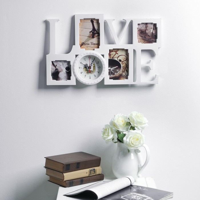 Часы настенные хайтек+4 фоторамки Love белые,цифер микс (фото10х10-2шт,10х15-2шт)32*52см микс