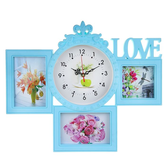 Часы настенные Love, голубые, циферблат микс + 3 фоторамки: 10 × 15 см (2 шт.) и 10 × 10 см