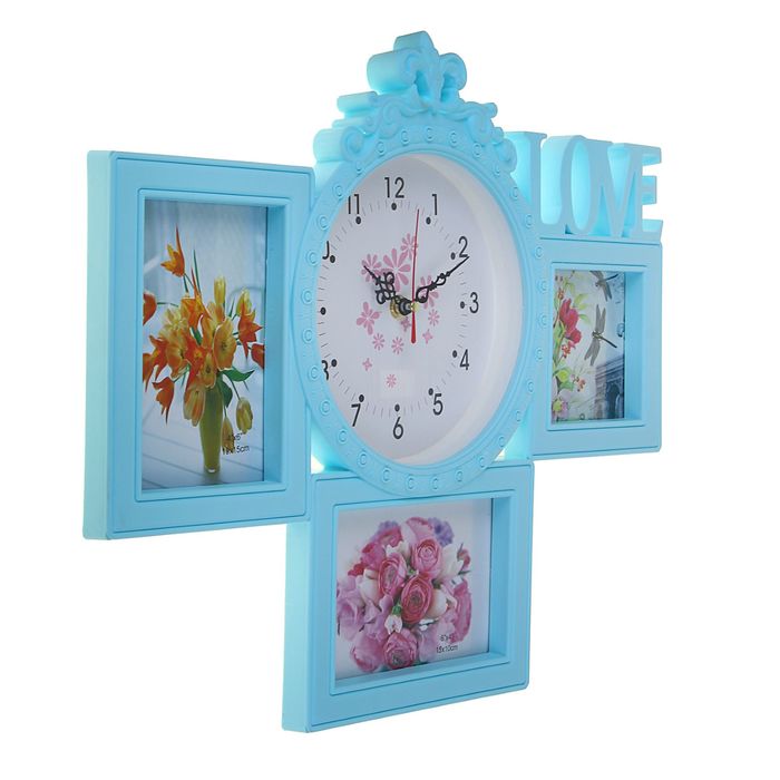 Часы настенные Love, голубые, циферблат микс + 3 фоторамки: 10 × 15 см (2 шт.) и 10 × 10 см