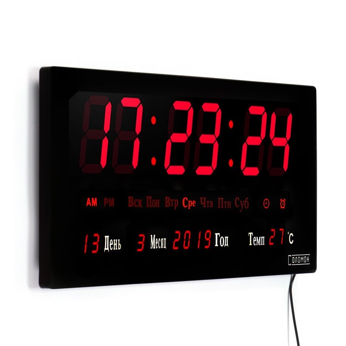 Часы настенные электронные с термометром и календарем, 21.5 х 45.5 см, красные цифры