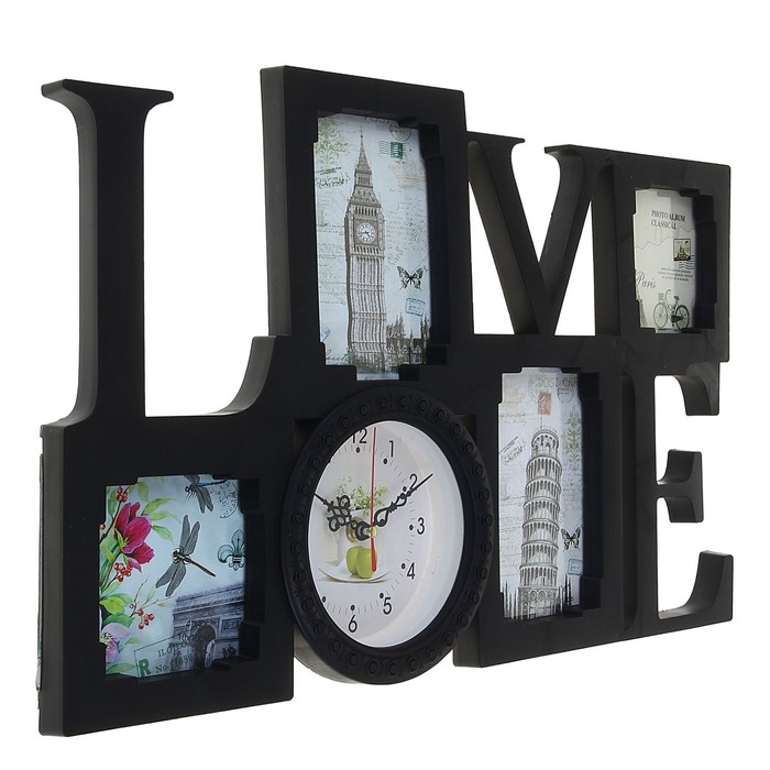 Часы настенные Love, чёрные, циферблат микс + 4 фоторамки: 10 × 10 см (2 шт.) и 10 × 15 см (2 шт.)