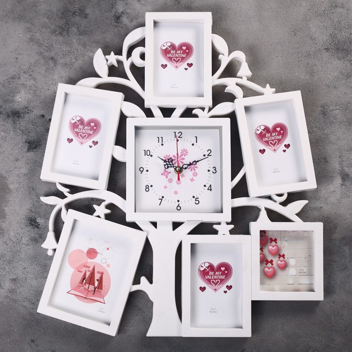 Часы настенные "Древо", 14 × 14 см, белые, циферблат микс + 6 фоторамок: 10 × 15 см (5 шт.) и 10 × 10 см