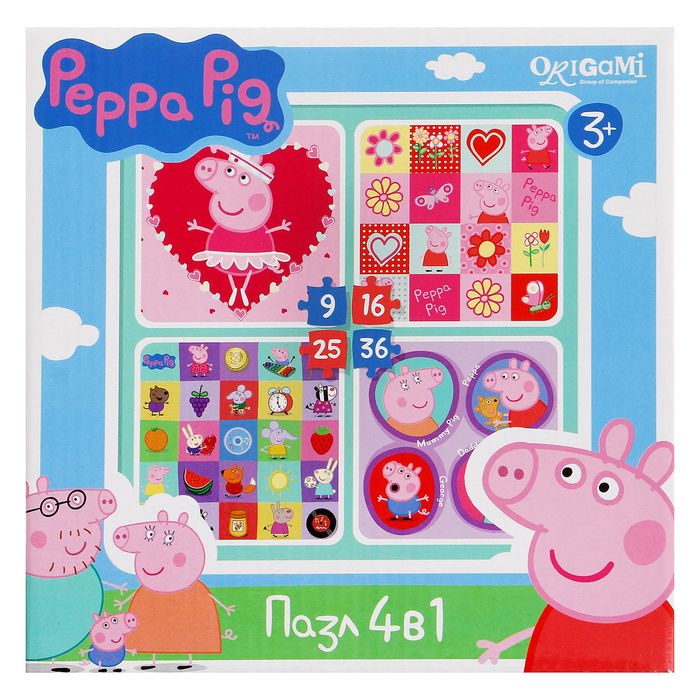 Пазл Свинка Пеппа "Герои и предметы" 4в1, 9, 16, 25, 36 элементов
